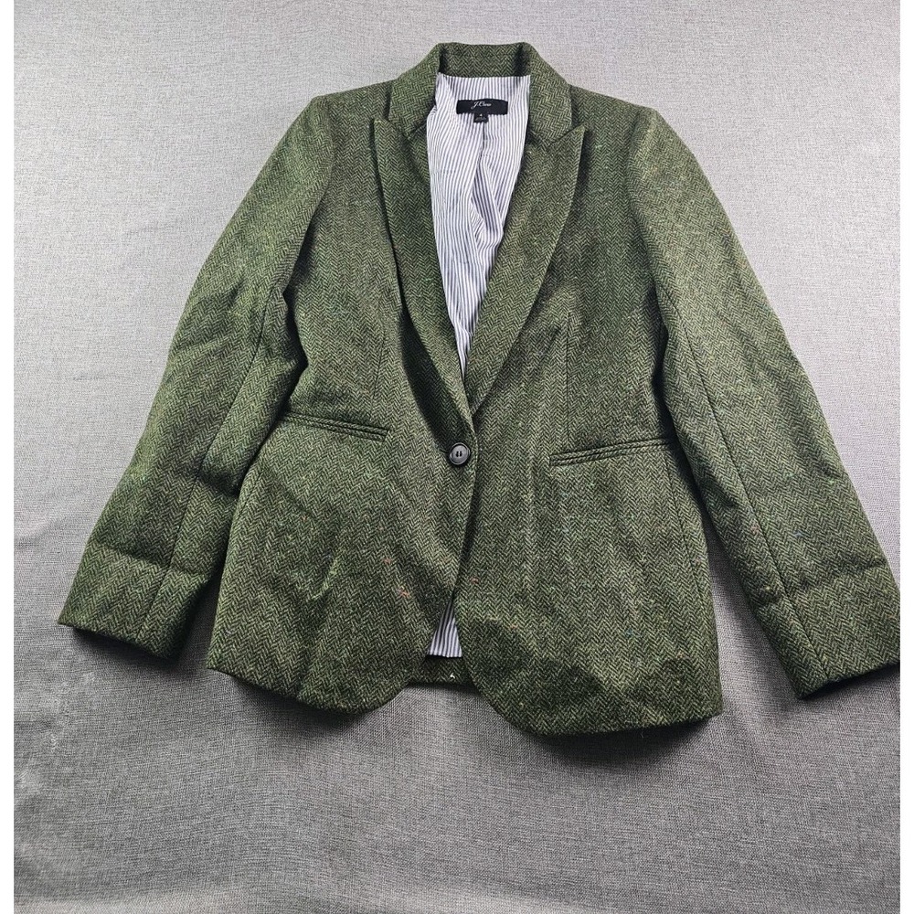 J.Crew Tweed Blazer Womens Size 4 Green Herringbone Wool Jacket